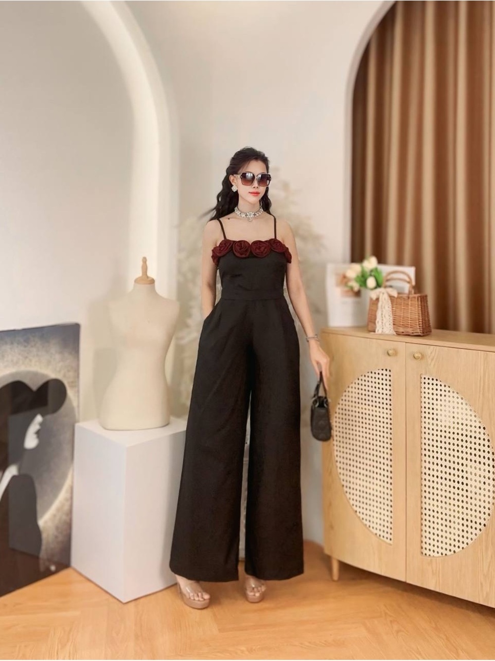 Black Wide-Leg Jumpsuit with maroon Rose Trim